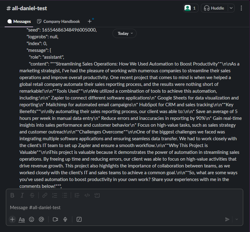Final LinkedIn post draft output in Slack