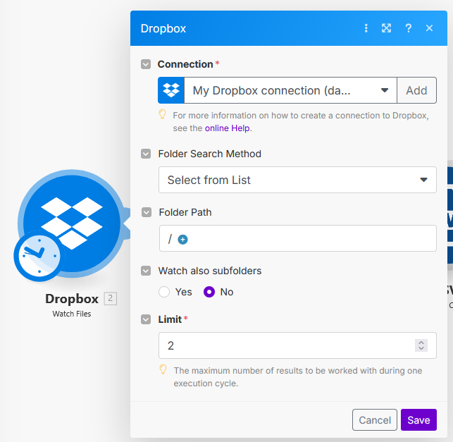 Make.com Dropbox Watch for Files configuration.