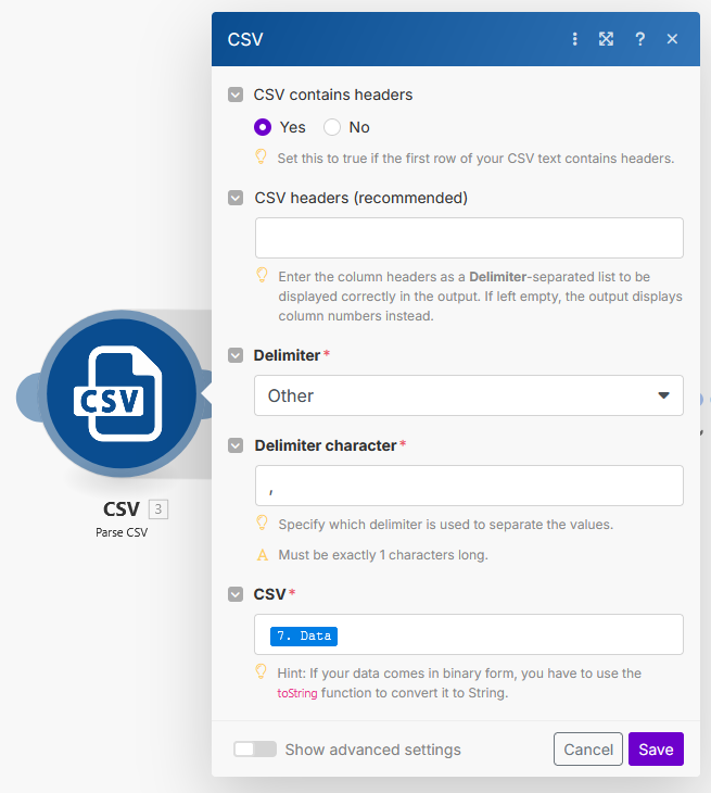 Make.com CSV Parser configuration.