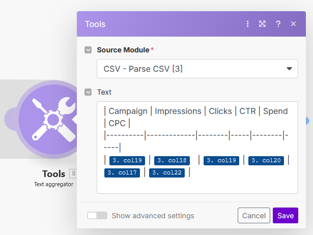 Make.com Text Aggregator configuration showing data mapping into the prompt text.