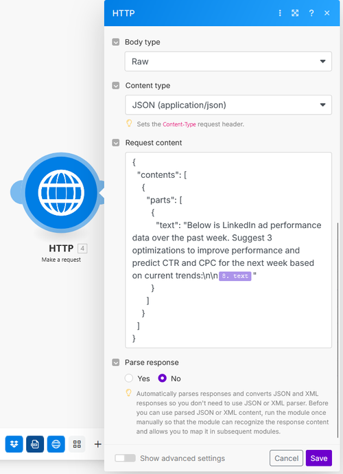 Make.com HTTP Request configuration targeting the Gemini API with performance data in the body.