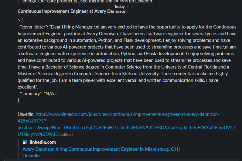 Final AI generated cover letter output in Slack