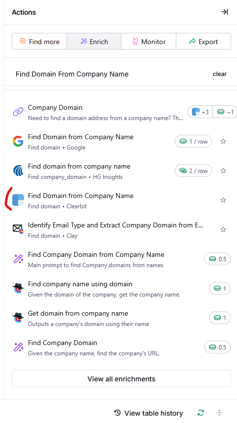 Clay table screenshot showing Company Name column and Find Domain from Company Name results