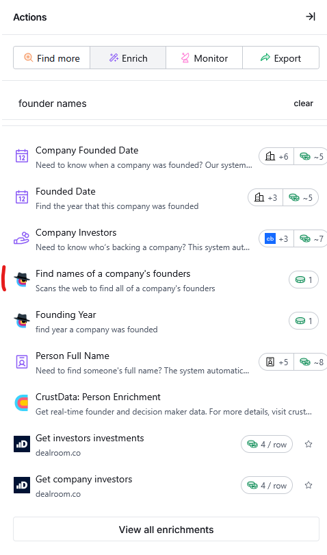 Clay table screenshot showing Founder Names results
