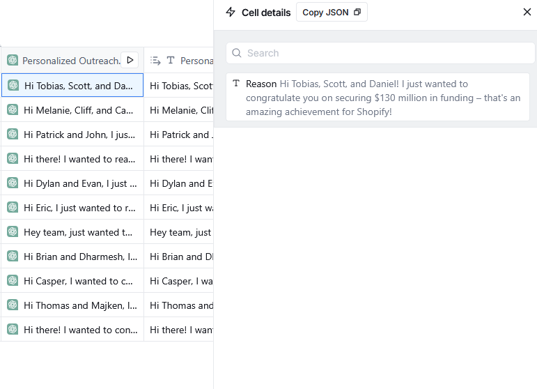 Clay screenshot showing AI Write a Message configuration and personalized outreach results