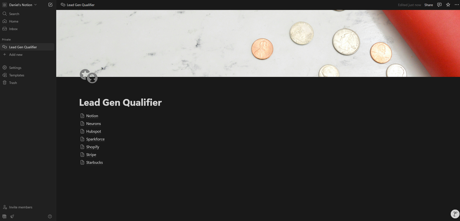 Notion screenshot showing the final Lead Gen Qualifier table