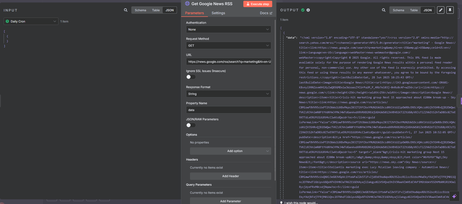n8n XML Node configuration for parsing RSS feed