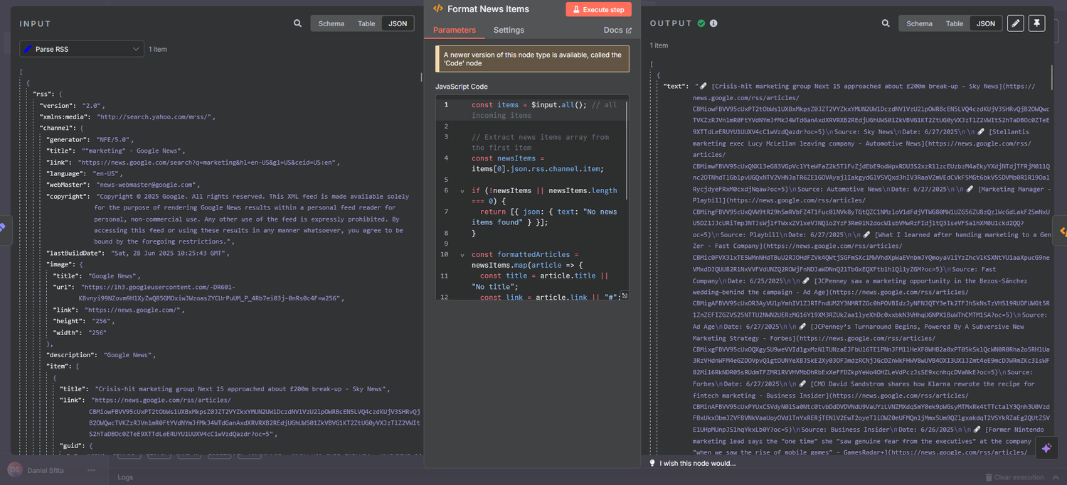 n8n Function Node configuration to combine news into a single string