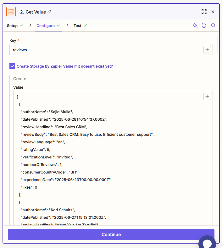 Zapier Run Python code editor showing input data and random review selection