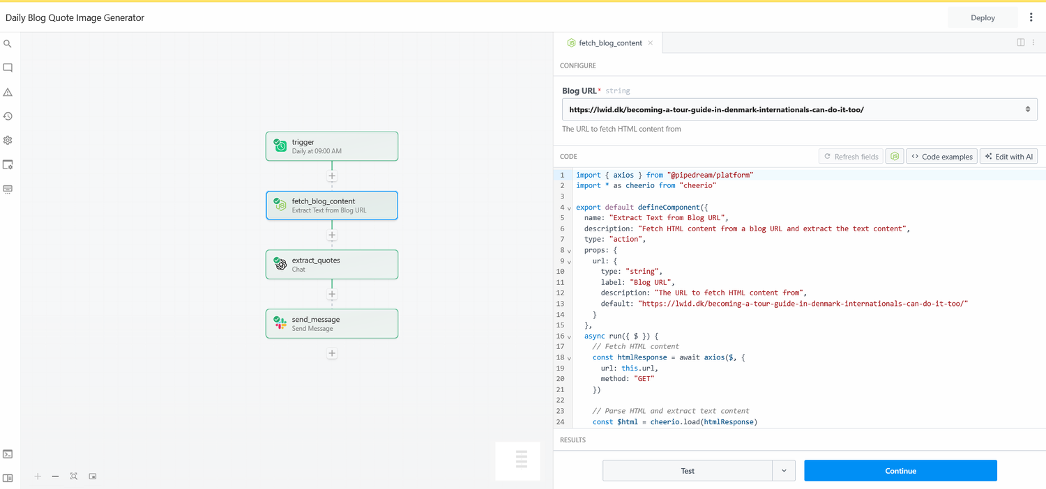 Pipedream Node visualization and Custom Code editor for fetching and parsing blog content
