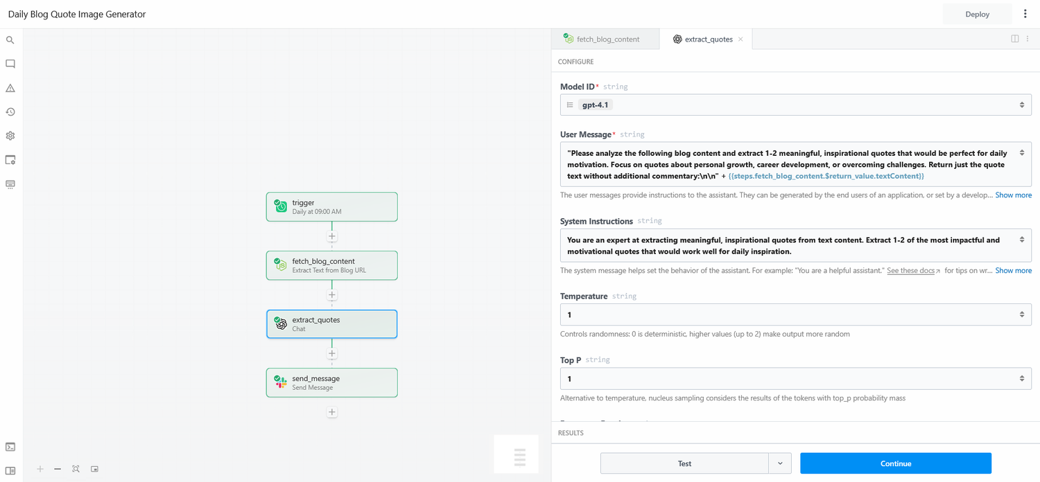 Pipedream GPT-4.1 Node configuration showing system prompt and input mapping