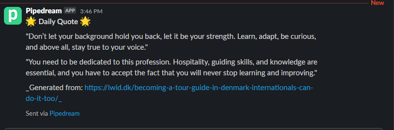 Final Slack output screenshot showing the inspirational quote and source