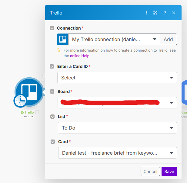 Make.com Trello Module configuration screenshot showing selection of card ID, board, and list.