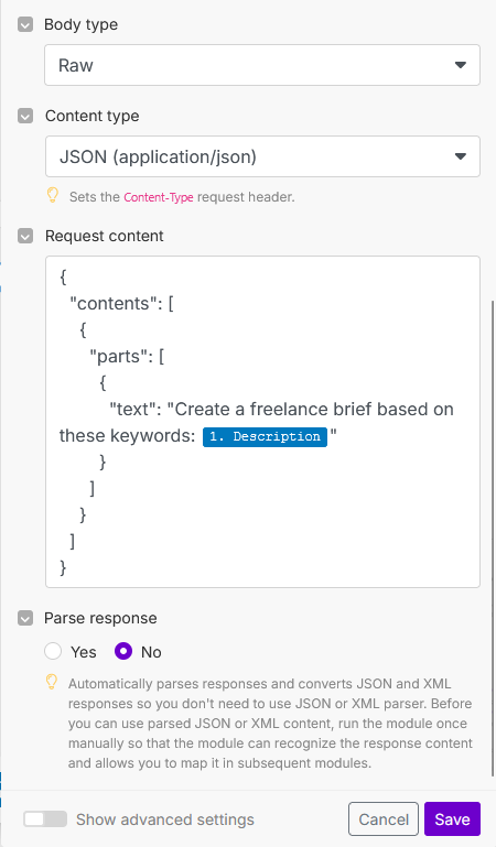 Make.com HTTP Module request content screenshot showing JSON structure for Gemini API call.