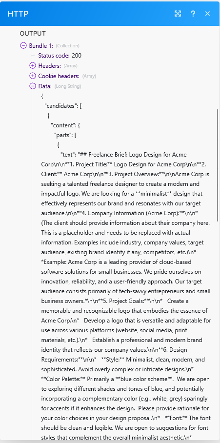 Make.com HTTP Module output screenshot showing the raw JSON response from Gemini API.