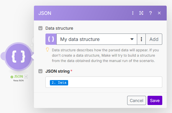 Make.com Parse JSON Module configuration screenshot.