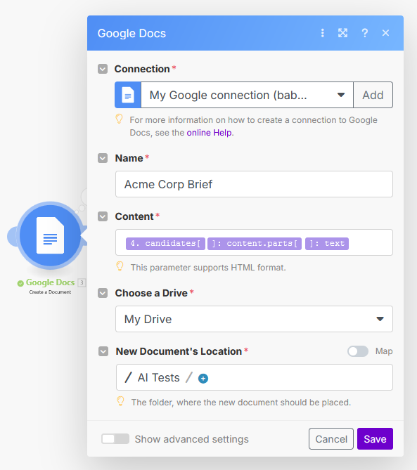 Make.com Google Docs Module configuration screenshot showing mapping of extracted brief text.