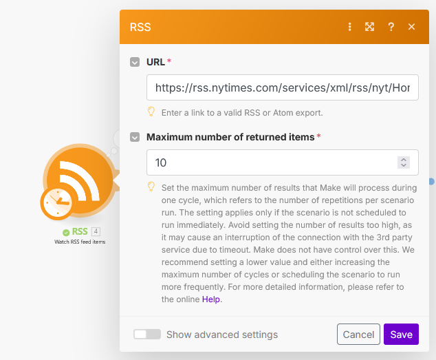 Make.com RSS Module configuration screenshot.