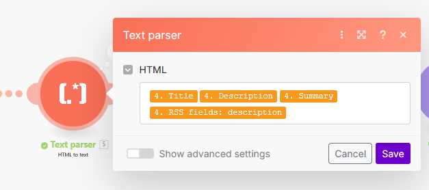Make.com Text Parser Module screenshot showing extraction of title, description, and RSS fields.