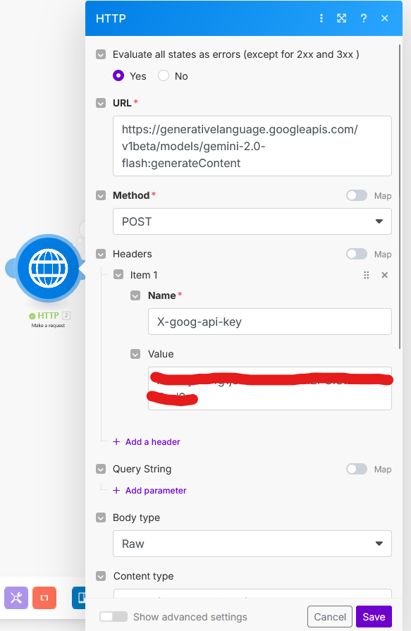 Make.com HTTP Module configuration for sending POST request to Gemini API for translation.