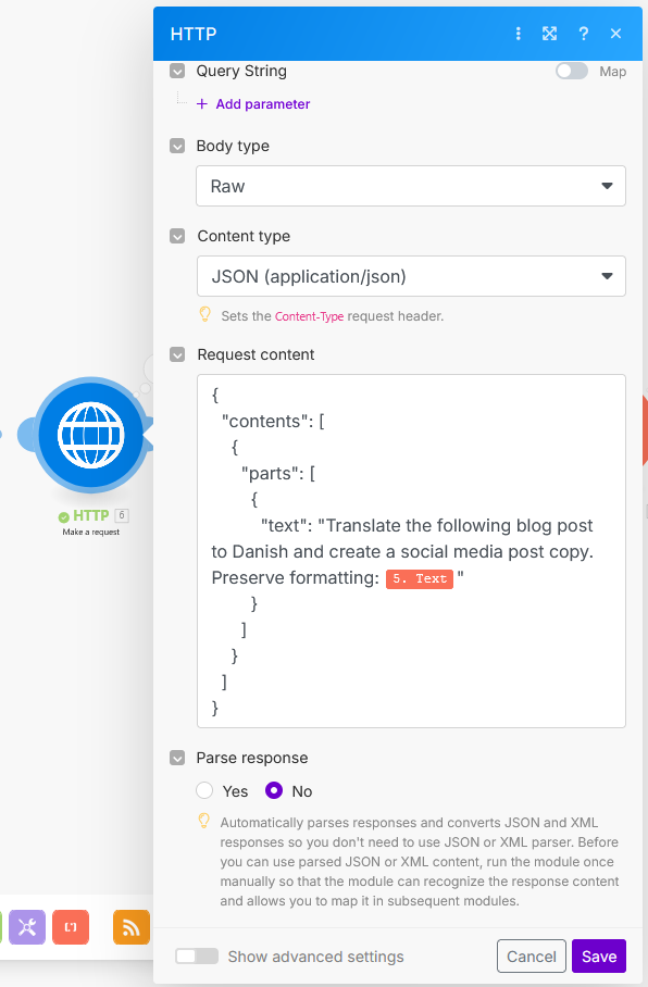 Make.com HTTP Module content screenshot showing JSON request body with translation prompt.