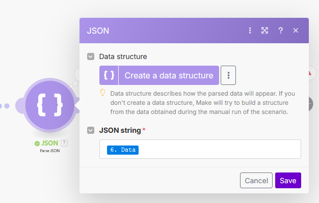 Make.com Parse JSON Module screenshot for handling the structured AI response.