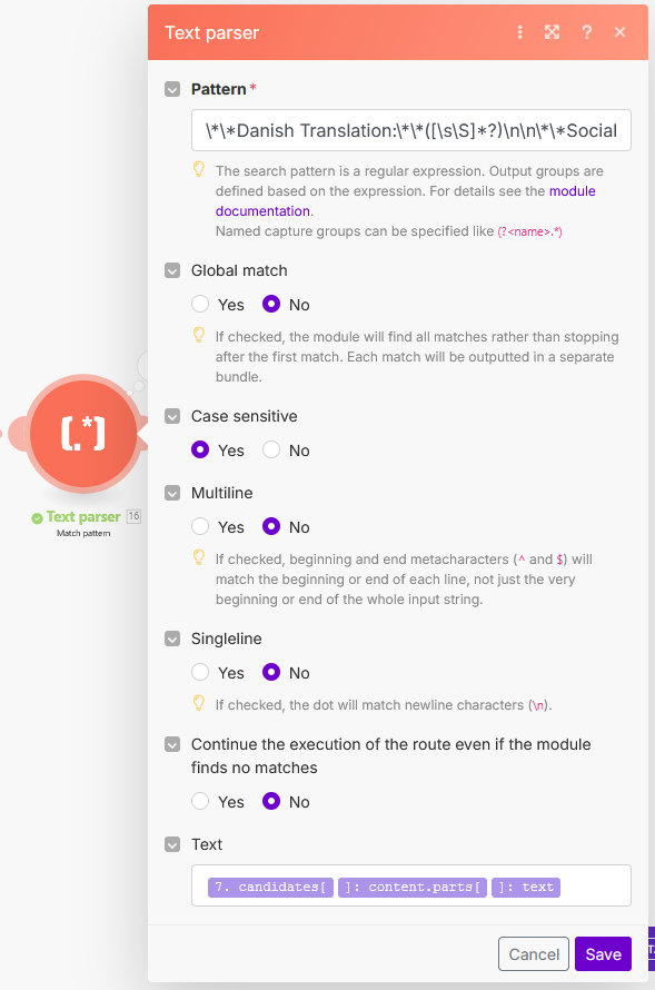 Make.com Text Parser Module screenshot showing regex used to shorten and format content.