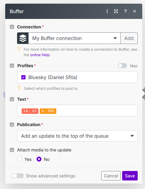 Make.com Buffer Module configuration screenshot for scheduling the post.