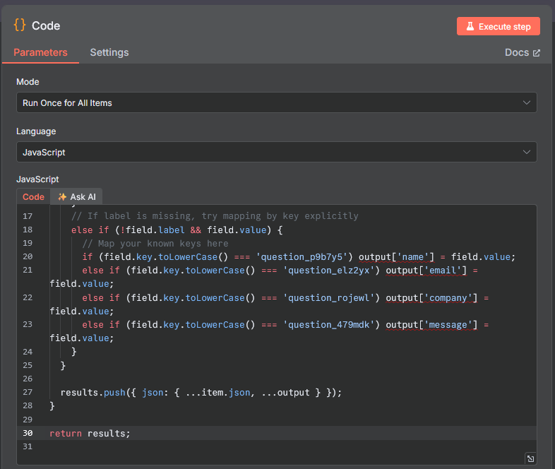 n8n Code Node configuration screenshot showing JavaScript snippet to normalize data.