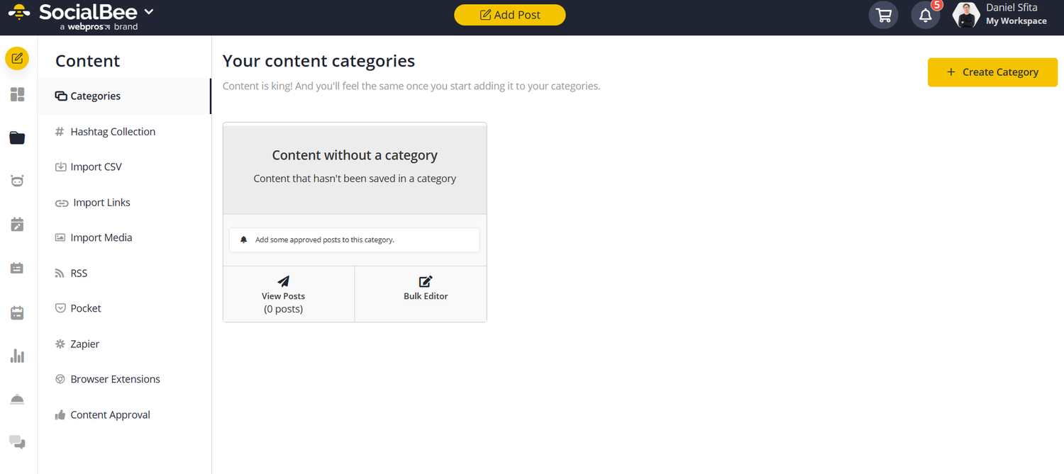 SocialBee Platform Dashboard Screenshot